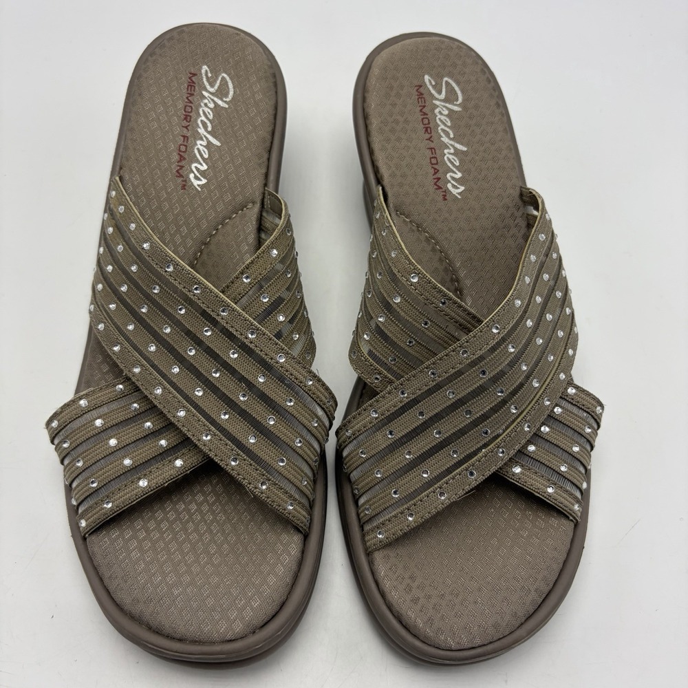 Skechers Wedge Slide Sandals Womens 9 Rumblers Flashies Tan Rhinestone Comfort